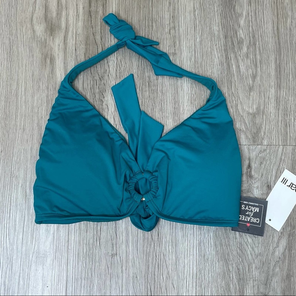 Bar III Women's Teal Sunset Solids Keyhole Ring Tie Halter Strap Bikini Swim Top